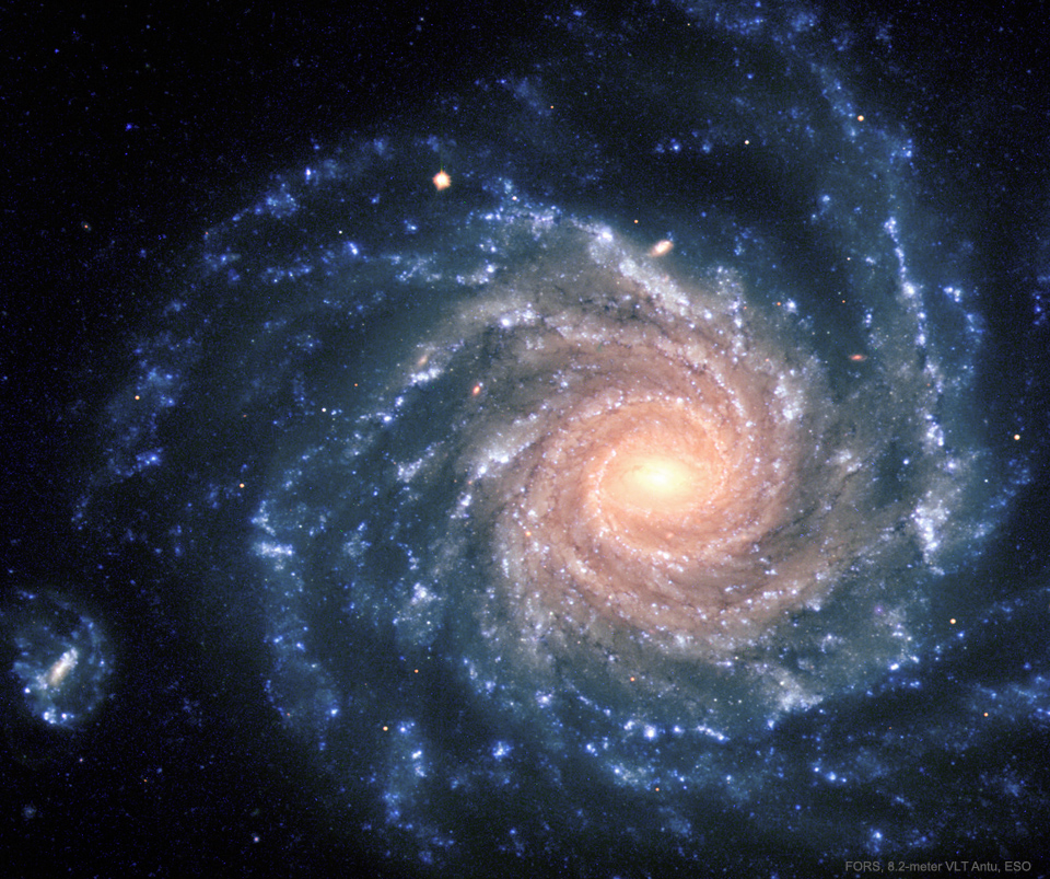 Ukazana jest galaktyka spiralna z dużymi, niebieskimi ramionami oraz bardziej żółtym obszarem centralnym.
Więcej szczegółowych informacji w opisie poniżej.