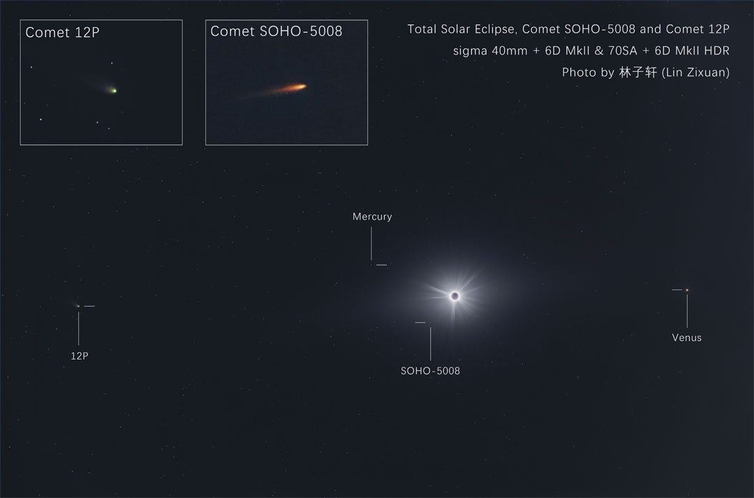 The totally eclipsed Sun from 2024 April 8 is shown in
 the center. Two comets and two planets are also visible,
and labeled as 12P, Mercury, SOHO-5008, and Venus.
The two comets are shown in expanded form at the top in two
inset images. 
Więcej szczegółowych informacji w opisie poniżej.